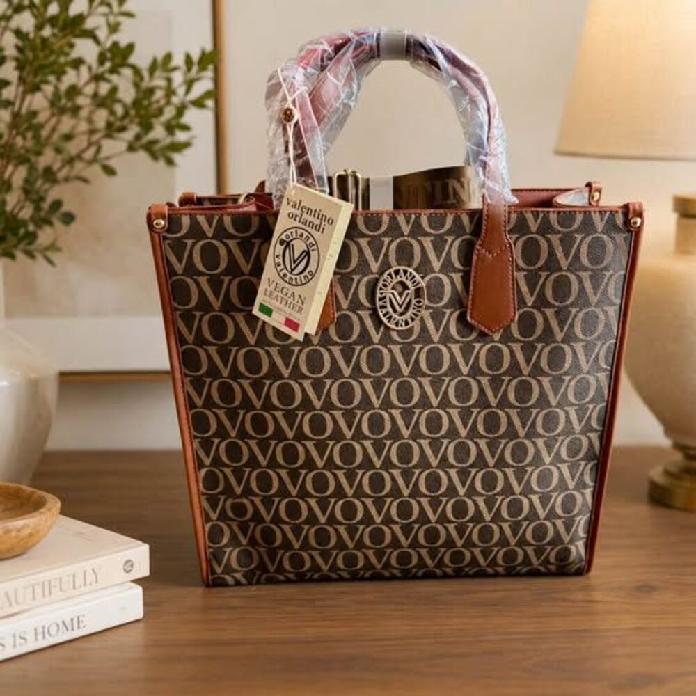 Valentino Orlandi Monogram Large Tote Bag Brown Vegan Italian Leather NWT $229
